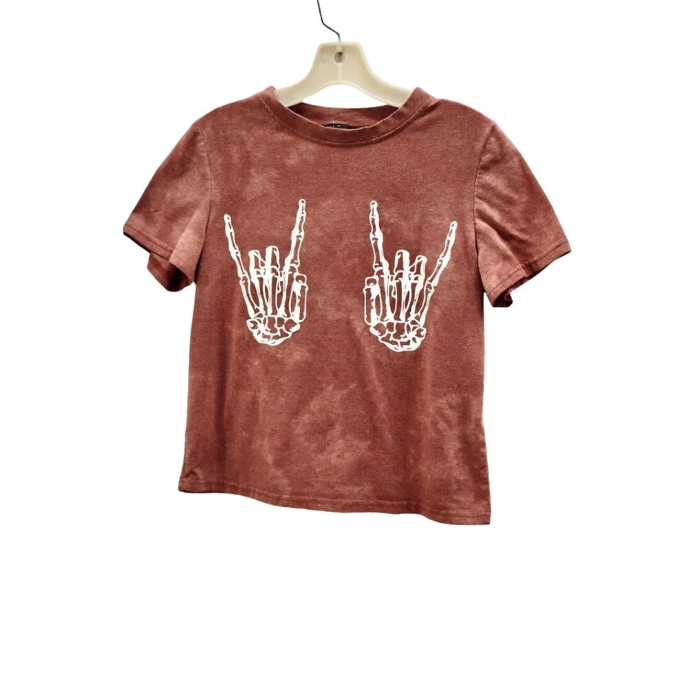 Women's Shein Skeleton Rock n Roll Hand Sign Custom Bleach Dye Crop T-shirt Size